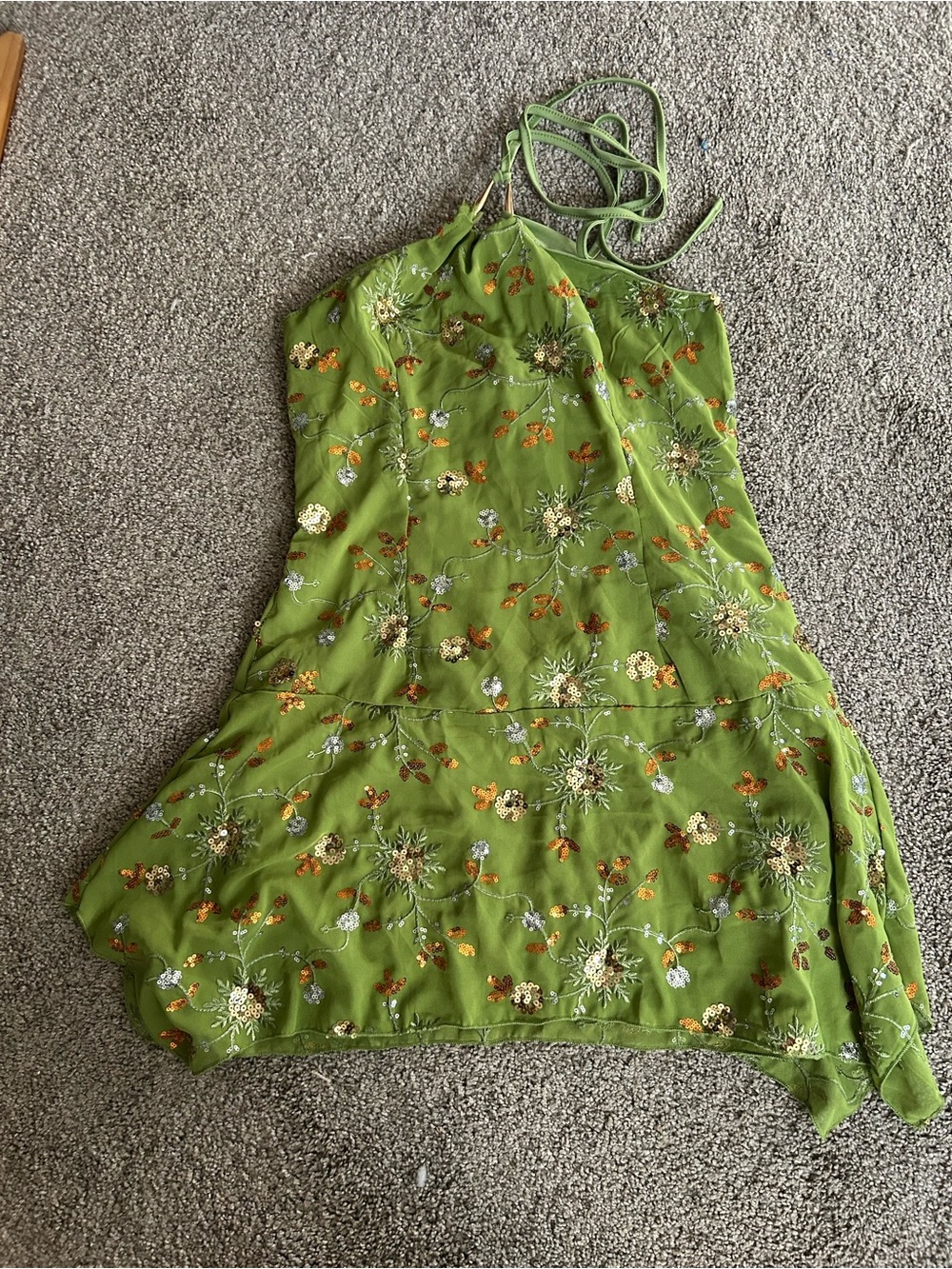 SHEIN Green Floral Embroidered Asymmetrical Halter Dress